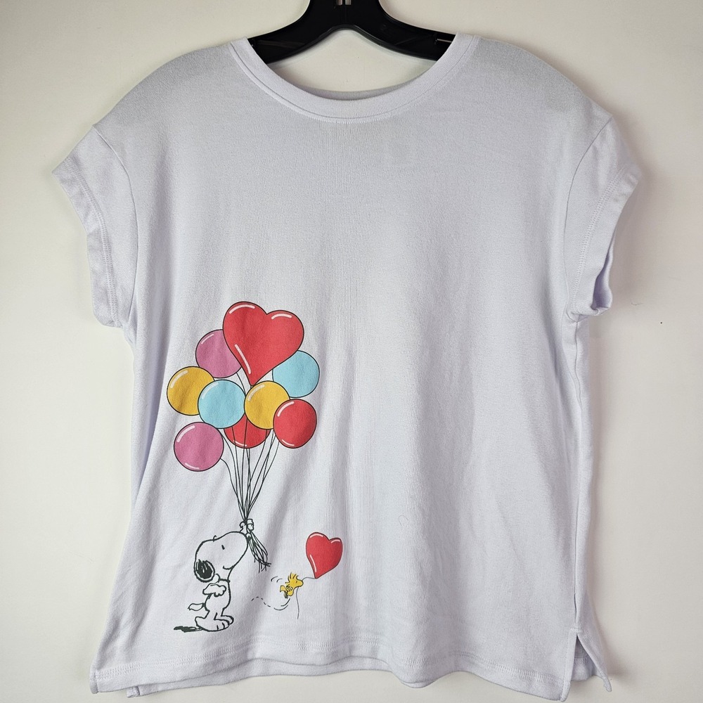Peanuts T Shirt Top Size M Womens White Balloons Heart Snoopy Woodstock